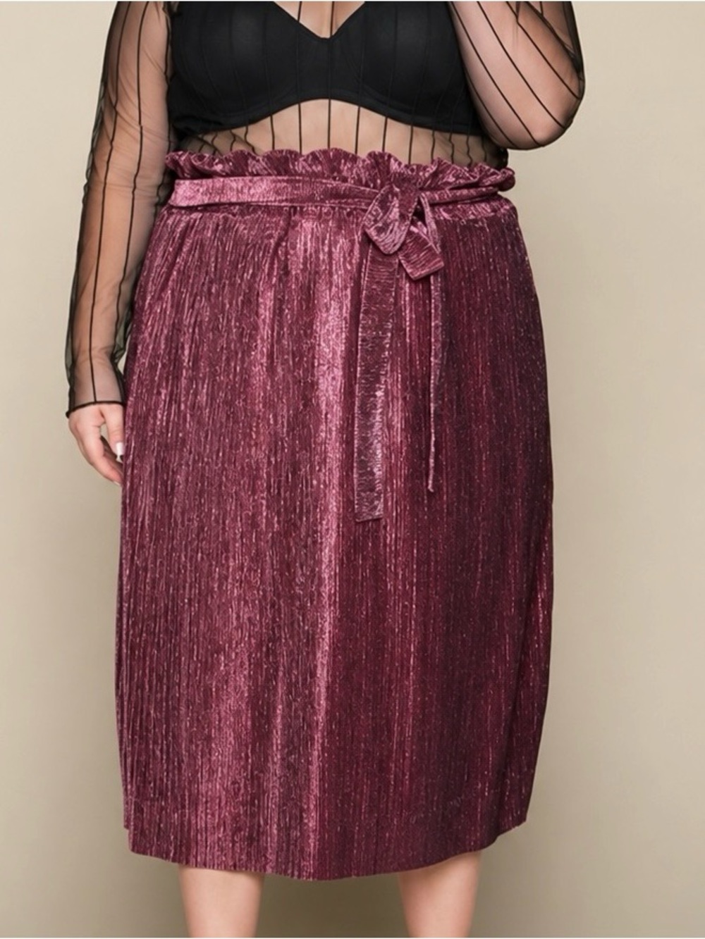 Premme Paperbag Pleat Midi Skirt 18/20 Metallic Berry Pink Plissé Disco